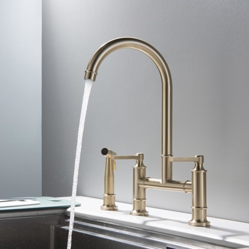 Brushed Gold Kitchen Sink Faucet With Side Spray Matte Black Widespread Modern 3 Holes Sink Taps