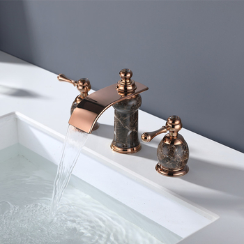 3 Holes Bathroom Faucet Widespread Waterfall Rose Gold/ Gold Jade and Brass Bathtub Faucets Luxury