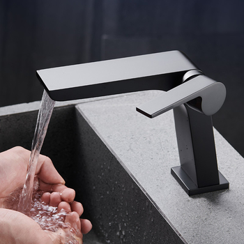 Waterfall Bathroom Sink Faucet Brass One Hole Modern Matte Black/ Gunmetal Grey/ Chrome/ White Vanity Faucets