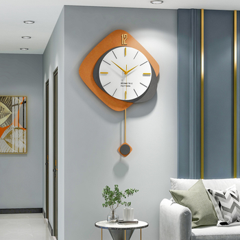 Large Silent Wall Clock Pendulum Environmental friendly Wood Orange Grey Designer Modern Home Decoration