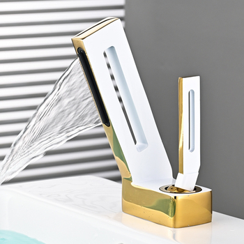 Gold and White Bathroom Sink Faucet Brass Luxury Single Hole Polished Gold and Black Creative Waterfall Water Faucet