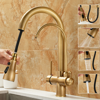 One Hole Kitchen Faucet Water Filter Antique Brass 360 Degree Rotatable Pull Down Industrial Style Kitchen Faucet