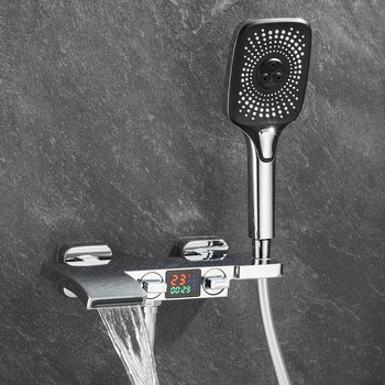 Chrome Tub Faucet With Handheld Shower Temperature Display Waterfall Modern Gunmetal Grey Shower Systems