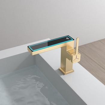 LED One Hole Bathroom Sink Faucets Brushed Brass Single Handle Brushed Gold Temperature Display Faucet
