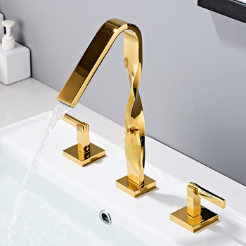 Gold-Toned Brass Split Faucet, 3-Hole Mount Modern Bathroom For Vanity Sinks‌ Widespread Chrome Black
