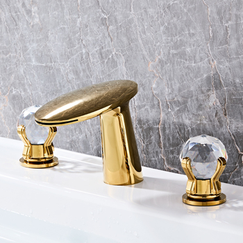 3 Hole Bathroom Faucet Brass Waterfall Crystal Handle Widespread Polished Gold Bathroom Sink Faucets